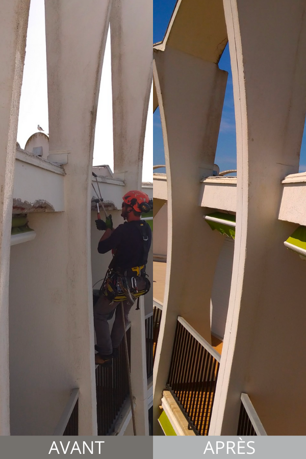 Notre équipe de cordistes est intervenu pour purger les éléments dangereux du bâtiment et faire des reprises de maçonnerie sur certains balcons.